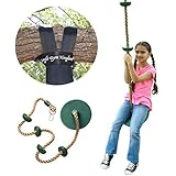 Jungle Gym Kingdom Tree Swing Climbing Rope with Platforms Green Disc Swings Seat - Outdoor Playground Set Accessories Tree House Flying Saucer Outside Toys - Snap Hook and 4 Feet Strap