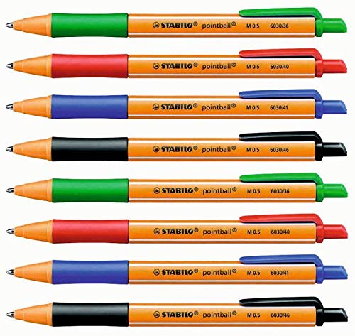 STABILO Retractable Ballpoint Pen, 8 Pieces Assorted Colors (Black, Blue, Green, Red)