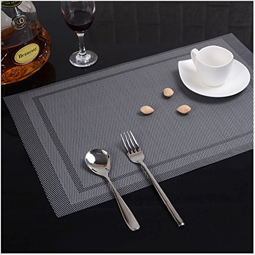 ISOTO Placemats Heat-resistant, Stain Resistant PVC Woven Vinyl Table Mats, Kitchen Eat Mats Decoration Dinnerware, Glassware, Flatware Dining Table Set of 4 (Grey)