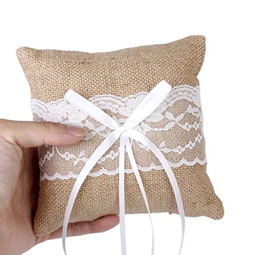 Adeeing Wedding Ring Pillow Burlap Lace Vintage Ring Bearer Jewelry Pillow Cushion,6 x 6 Inch - Thumbnail 4