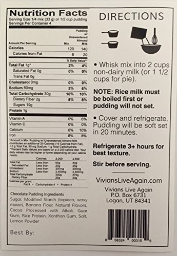 Vegan Chocolate Instant Pudding 4 Pk by Vivian's Live Again Dairy Free, Soy Free, Gluten Free