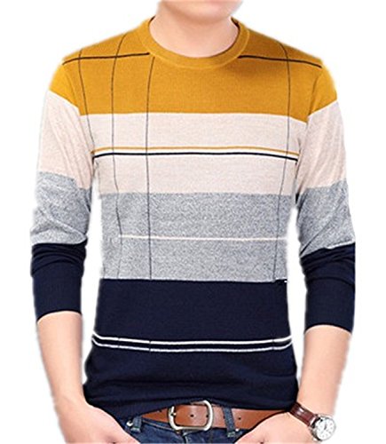 LOKOUO Autumn Casual Mens Sweater O-neck Slim Fit Knitting Sweaters Stripe Plus Size Men's Sweater N5862 YellowXXX-Large