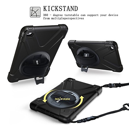 iPad Mini4 Shockpoof Case,BRAECN Three Layer Drop Protection Rugged Protective Heavy Duty iPad Case With a 360 Degree Swivel Stand/a Hand Strap and a Shoulder Strap For iPad Mini 4 Case (black)