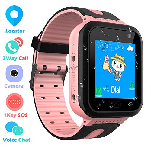 Kids Waterproof Smartwatch Phone - Touchscreen Smart Watch LBS locator with Dial Camera Voice Chat SOS Flashlight Alarm Clock Game Wristwatch Boys Girls Birthday Gift Compatible with iOS Android,Pink