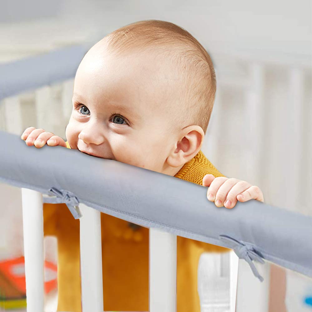 Eastern Corridor-EU 3pcs Baby Crib Rail Cover Protector Set - Cot Rail Protectors Safe Teething Guard Wrap for Standard Crib - 128x18 cm/68x18 cm Cot Teething Rail Protectors (Grey)
