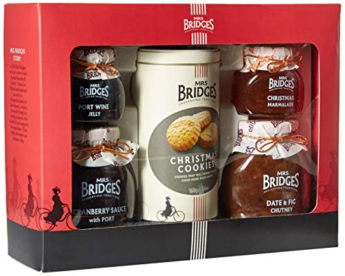 Mrs Bridges Christmas Gift Box Selection 36 Ounce (Port Wine Jelly, Christmas Marmalade, Cranberry Sauce with Port, Date & Fig Chutney, Christmas Cookies)