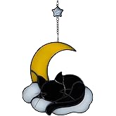 Sleeping Cat Stained Glass Windown Hanging,The Black cat Sleeping Under The Companionship of Stars and Moon,Beautiful Handcrafted Sun Catcher Gifts for Daughter,Mothers Day