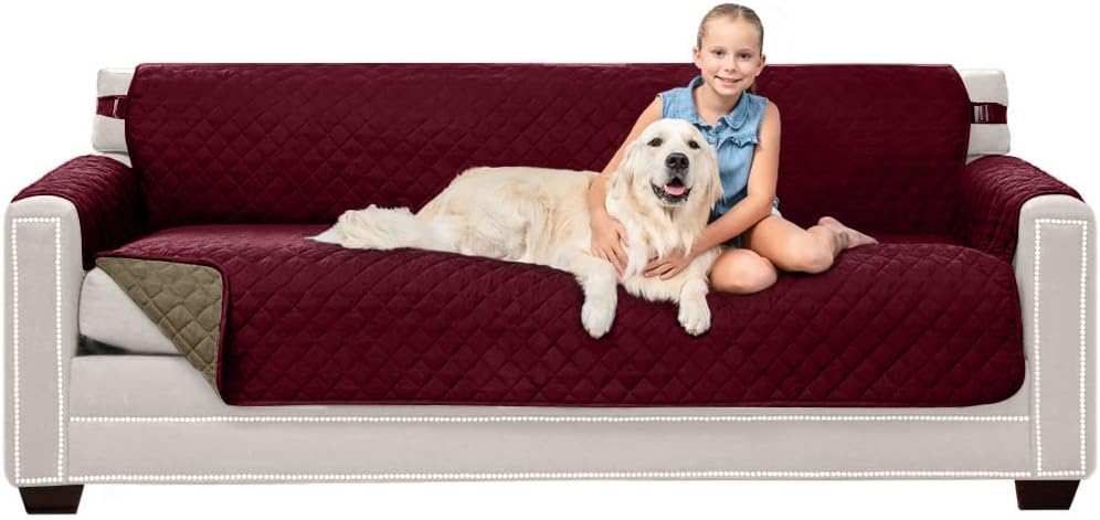 Slipcovers - Sofa Shield Patented Couch Slip Cover, Large Cushion Protector, Reversible Stain and Dog Tear Resistant Slipcover, Quilted Microfiber 78” Seat, Washable Covers for Dogs Pets Kids, Burgundy Tan