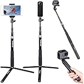 Smatree Telescoping Selfie Stick with Tripod Compatible for Insta360 X5, for GoPro Hero 13/12/11/10/9/8/7/6/5, for OSMO 5 Pro/4/3/Ricoh Theta, Compact Camera and Phone