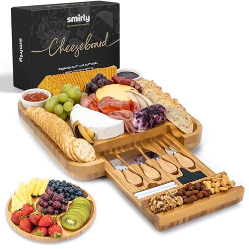 Smirly Käsebrett und Messer: Holzplatte für Wein, Käse, Fleisch, 33 x 33 x 5 cm (13 x 13 x 2 Zoll)