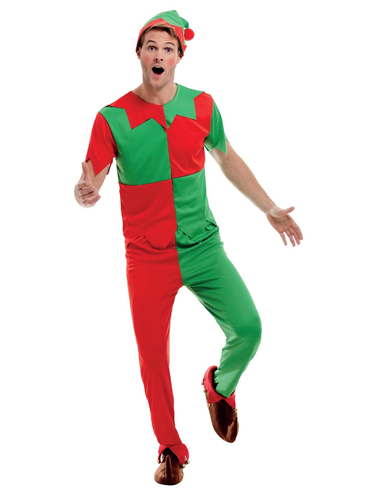 Smiffys Elf Fancy Dress Costume, Green & Red – Adult Christmas Elf Outfit with Top, Trousers & Hat, Men’s Festive Santa’s Helper Costume, Medium