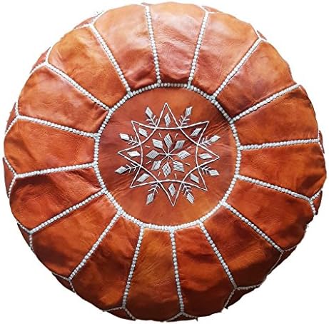 Stuffed Premium Moroccan Leather Pouf, Footstool, Ottoman (Tan)