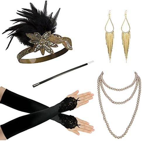 1920s Headband Pearl Necklace Gloves Fancy Dress Accessories Flapper Costume Set