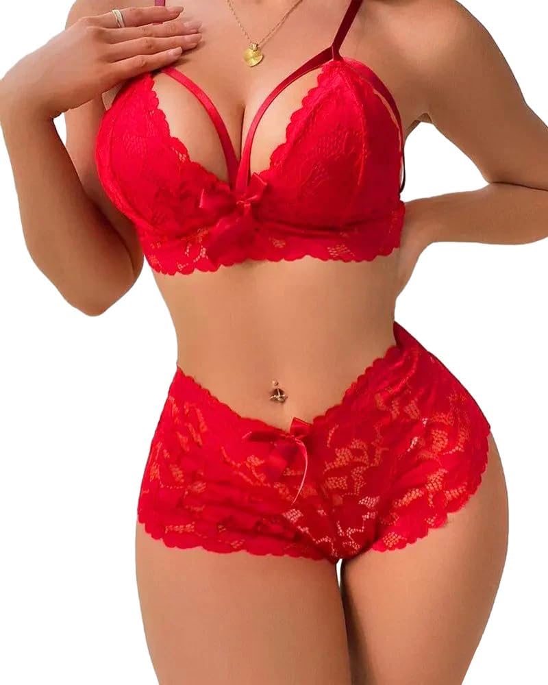 Lilosy Sexy Strappy High Waist Floral Lace Pajamas Lingerie Set Outfits