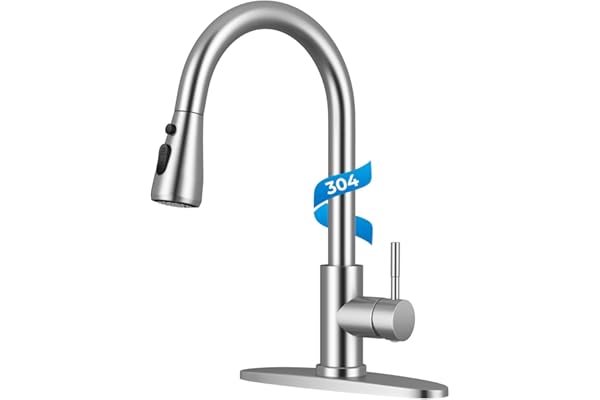 WEWE Pull-Down Kitchen Faucet with Sprayer 3 Modes, High Arc Stainless Steel with Brushed Nickel Finish, for 1 or 3 Hole Kitc