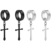 Non-pierced Earrings Set for Men Women Cross Titanium Steel Hoop Dangle Clip On Earring