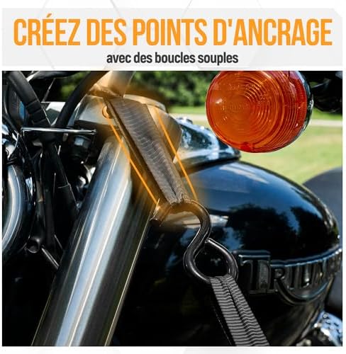 Sangles d'Arrimage, Résistance 748 kg, 4 Sangles de Remorquage de 4,5 m, 4 Boucles Souples, Sangles Arrimage Moto, Anse Caoutchouc, Crochets Métal Enduit, Sac de Transport (Noir)