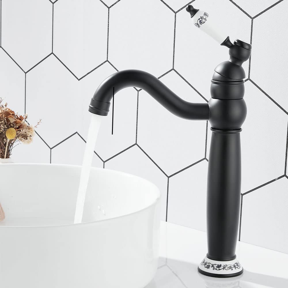 Maynosi Victorian Bathroom Basin Mixer Tap, Mono High Rise Basin Tap for Countertop, Tall Traditional Sink Faucet with Ceramic Lever, 360° Swivel Spout, Classic Taps, Retro Style, Brass (Matte Black) — image 1