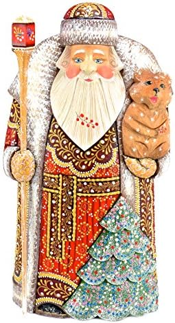 Regal Russian Santa Carving with Bear Cub and Christmas Tree - wooden, hand carved and painted 12.5"