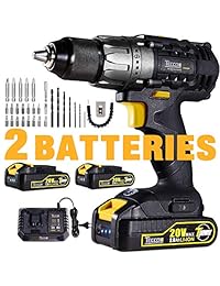 Taladro inalámbrico   controlador 20 V Max, TECCPO profesional 60 Nm Power Drill con 2 baterías de 2,0 Ah, 1 2" Keyless Chuck, 24 + 1 ajuste de torsión, 2 velocidades, luz LED, 29 piezas accesorios TDCD03P