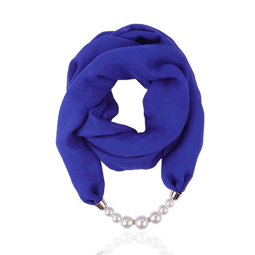 Micoop Women's Scarves Multi-purpose Simulated Pearl Pendant Scarf Necklace Stylish Infinity Scarf with Jewelry Accessory for Chic ladies (Dark blue scarf with pearl)