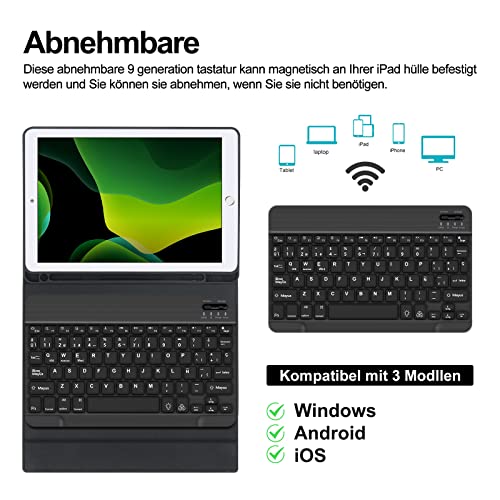 JADEMALL Tastatur Hülle für iPad 9/8/7 Generation 2021/2020/2018, iPad Pro 10.5 Zoll, iPad Air 3 Hülle mit Magnetische Bluetooth QWERTZ-Deutsche Tastatur, iPad 10.2 Tastatur Hülle, Schwarz