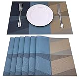 AMZMOO Placemats,placemats for Dining Table Set of 6,Placemats for Table Woven Vinyl Kitchen Placemats,Dining Table Mat Anti-Slip,Heat Insulation PlaceMat,Table Mats Set of 6 (Blue+Brown)