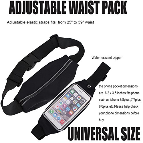 Waist Packs iBarbe Running Waist Pack Waterproof Fanny Pack Running Belt Two Security Pockets Exercise Band Fitness Pouch Universal Sports Waistband for Passport/card/wallet/cash/Phone(Black 1 Pack)