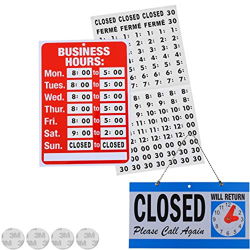 Open Signs, Business Hours Sign Open Closed Store Sign with Will Return Clock with 4 Double Sided Adhesive Pads and a Black Vinyl Number Sticker for Business, Walls, Window, Shop, bar, Hotel