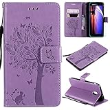 Galaxy J7 2018 Case with Screen Protector,For Samsung Galaxy J7 Aero/J7 Star/J7 Top/J7 Crown/J7 Aura/J7 Refine/J7 Eon Case Flip Case,PU Leather Tree Cat Flowers Wallet Case Card Slots Light Purple
