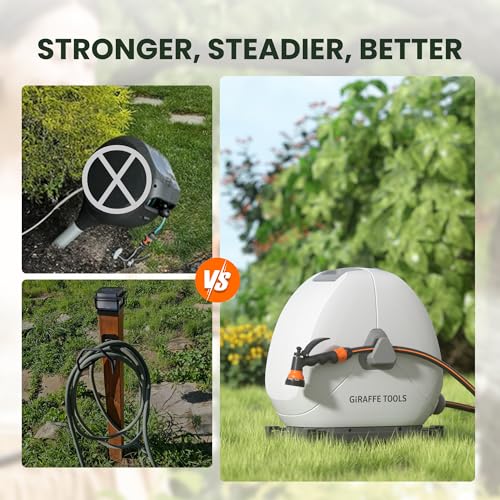 Giraffe Tools Retractable Hose Reel with 30M, Heavy Duty Ground Mount Garden Hose Reel, with 7-Function Sprayer Nozzle & Flexible Swivel Base