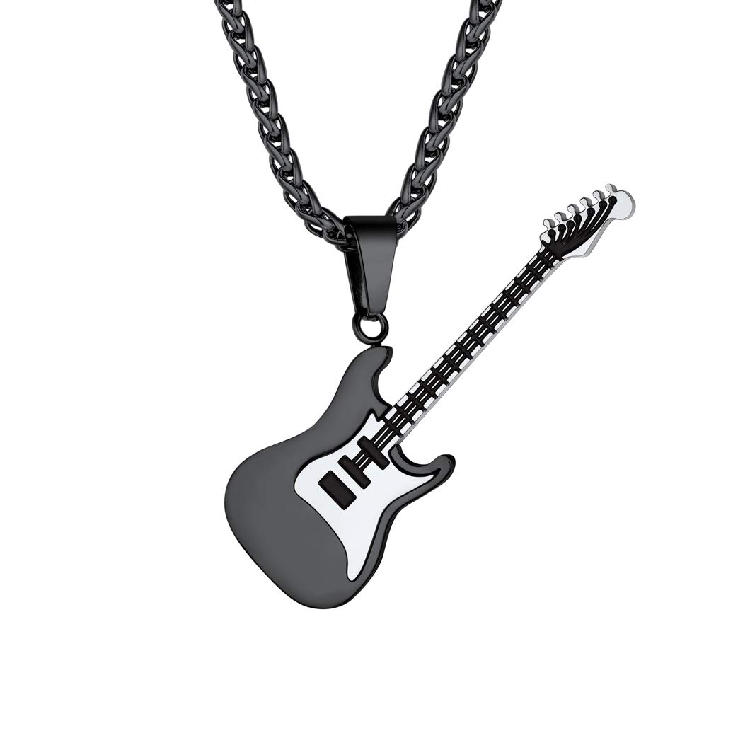 Suplight Black Guitar Pendant for Boys Mens Black Chain Music Necklace Stainless Steel