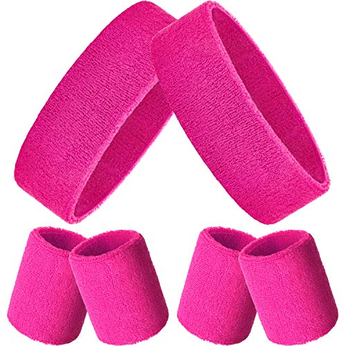 Sweatbands Set, Includes Sports Headband and Wristbands Sweatbands Colorful Cotton Sweatband Set for Men and Women (Bright Rose, 6 Pieces)