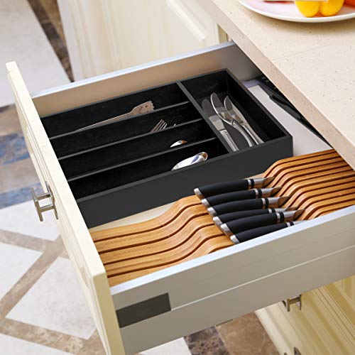 Silverware Utensil Tray Wooden Cutlery Drawer Dividers 5 Compartments Flatware Organizer Storage Holder Black Color Bamboo Flatware Organizer Good for Kitchen Office Supplies Cosmetics