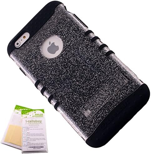 For Apple iPhone 6 Plus, 6s Plus (5.5) - 3 Piece Bundle - Transparent Clear Silver Glitter Snap-on on Black Skin 2 in 1 KoolKase Rocker Hybrid Case Cover With 2 Screen Protector Films