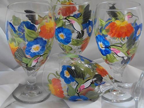 Hand painted hummingbirds, morning glories and fuchsia's. So pretty. Set of 4. 16 ounce short stemmed ice tea/water glasses. Oranges, blues and greens