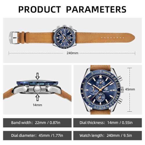 BENYAR Montre Homme Etanche Analogique Quartz Chronographe Lumineuses Date Grand Cadran Classique Mode Affaires Montres Cadeau élégant pour Hommes