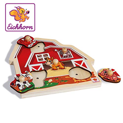 Eichhorn 100005415 Puzzle mit Sound, Bauernhof Steckpuzzle aus FSC 100 Prozent zertifiziertem Holz, mit fünf Tiersounds…