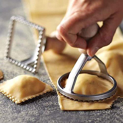 WElinks Ravioli Maker Cutter Stamp Set Round & Square Pasta Pastry Cutter Roller Wheel Dough Cutter and Press Stamps with Wooden Handle Kitchen Pasta Mold Dumpling Molds Cooking Tool Sets (3Pcs)