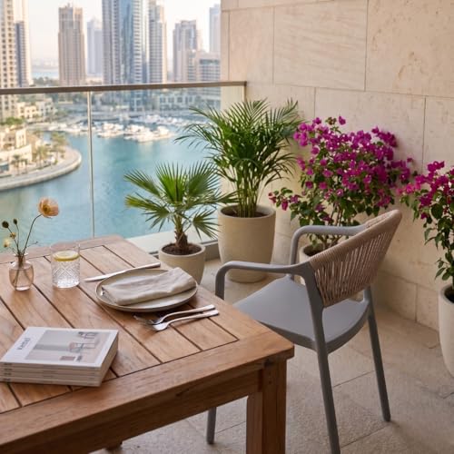 MARCOLO Chair with Arms, Outdoor Plastic Dining Armchair, Weather & UV Resistant Patio Chair for Balcony, Garden, Kitchen & Indoor Outdoor Use, Modern Rope-Style Design, 41x53.5x82cm (Grey)