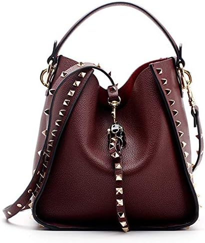 Yoome Women Cowhide Leather Bucket Bag Punk Purse Crossbody Rivets Clutch Shoulder Handbags