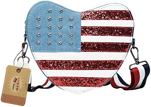 Goodbag Boutique Girl Lovely Heart Shaped Clutch Rivet Stars Striped Handbag Wide Strap Sequin Shoulder Crossbody Bag Blue