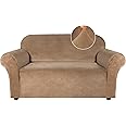 Turquoize Velvet Loveseat Covers Stretch Love Seat Couch Covers for 2 Cushion Couch Velvet Sofa Cover with Non Slip Elastic Bottom Furniture Cover Crafted from Soft Velvet Fabric (Loveseat, Camel)