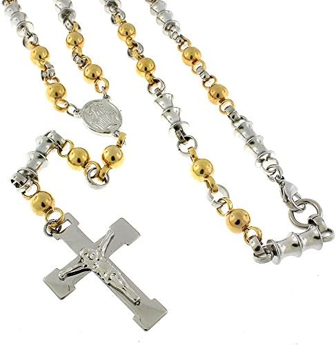Stainless Steel Mens Womens 8mm Fancy Rosary Two Tone Bamboo Bead Chain Necklace 24"