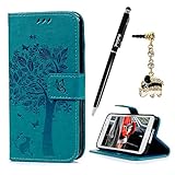S5 Case, Galaxy S5 Case (G900) Wallet Purse 3D Embossed Flower Tree Premuim PU Leather Case Ultra Slim Shockproof TPU Inner Bumper Magnetic Card Holders Stylus Pen Diamond Dust Plug by Badalink - Blue