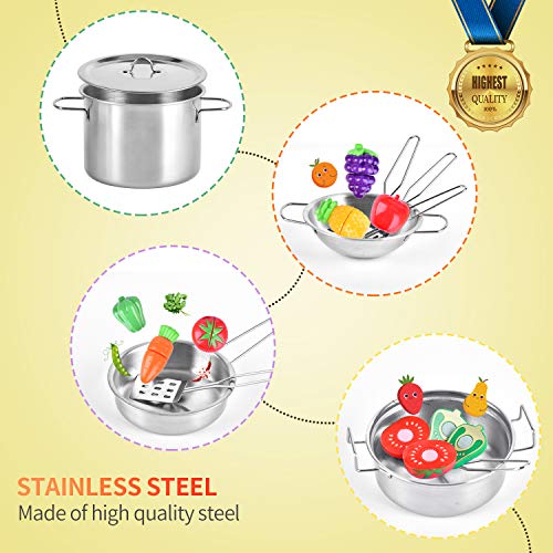 BGdoyz Kitchen Pretend Play Toys with Stainless Steel Cookware Pots and Pans Set, Cooking Utensils, Apron & Sleeve, Cutting Vegetables for Kids, Boys, Girls and Toddler Gifts Educational Learning Tool