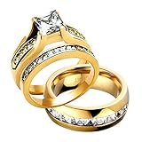 Titanium Stainless Steel Yellow His and Hers Wedding Ring Sets Cubic Zirconia ec Spj