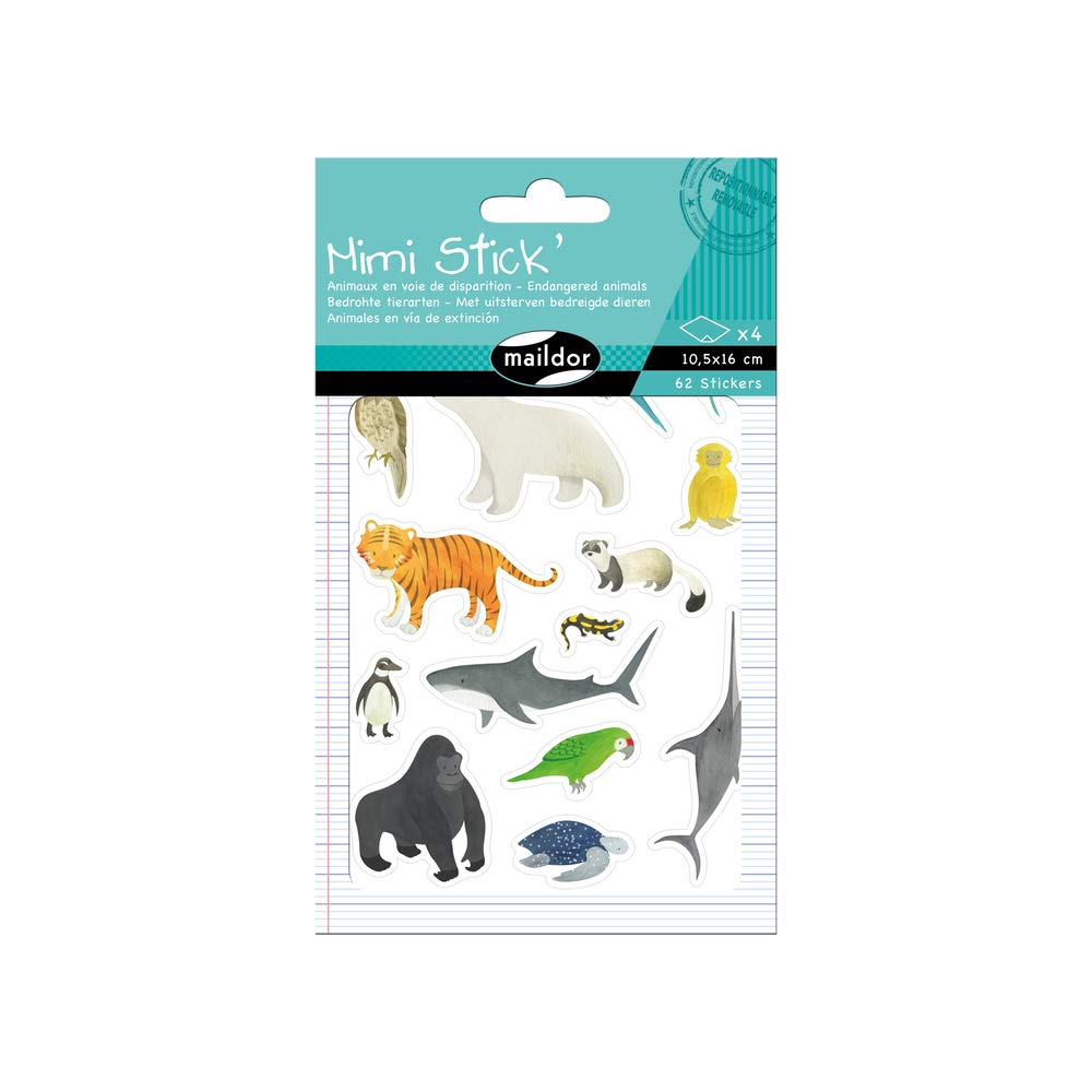 Maildor AE021O - Mimi'Stick STICKERS - Pack of 4 sheets - Dimensions: 10.5x16 cm - ENDANGERED ANIMALS DESIGNS (62 stickers) - Suitable for Educational use