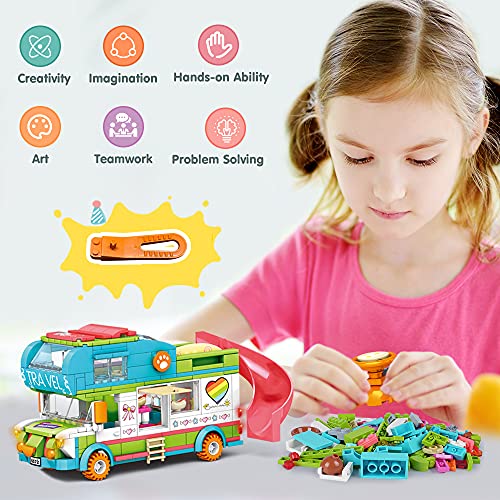 HOGOKIDS Girls Camper Building Toy: 452 PCS Camper Van Playset Building Blocks Toy with Slide | STEM Construction Kit for Girls Creative Building Bricks Gift for Kids Age 6 7 8 9 10 11 12