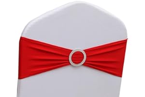 Gankar 50pcs Stretch Spandex Chair Sashes for Wedding Chair Bands with Buckles, Red Chair Bows for Party Banquet Theme Event Decorations (50 Pieces, Red)